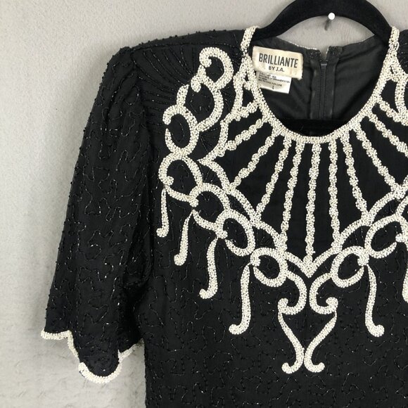 Vintage Brilliante by JA Dress Womens Large Black White Silk Beaded Cocktail - Picture 12 of 16